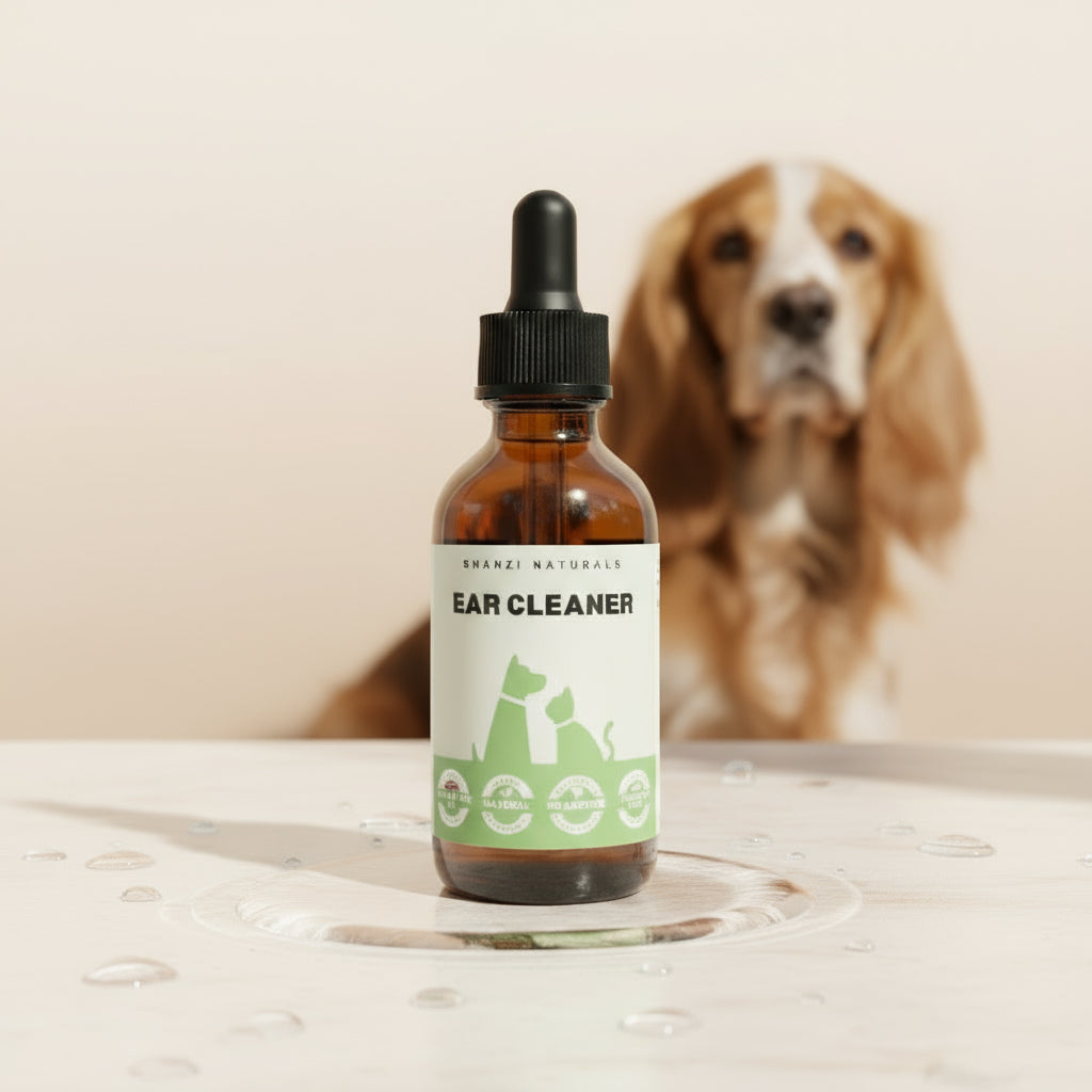 Bottle of ear cleaner with a dog in the background