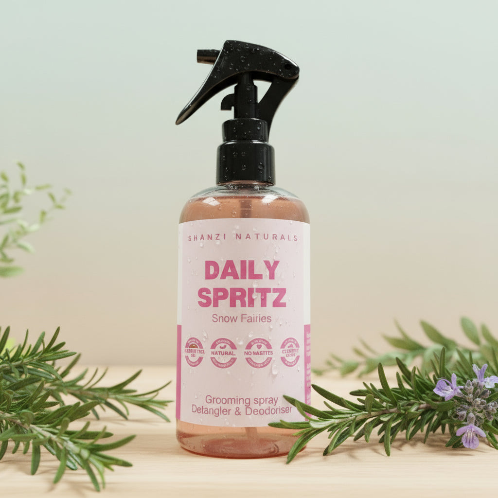 Bottle of 'Daily Spritz' grooming spray with a pink label on a light background with greenery.