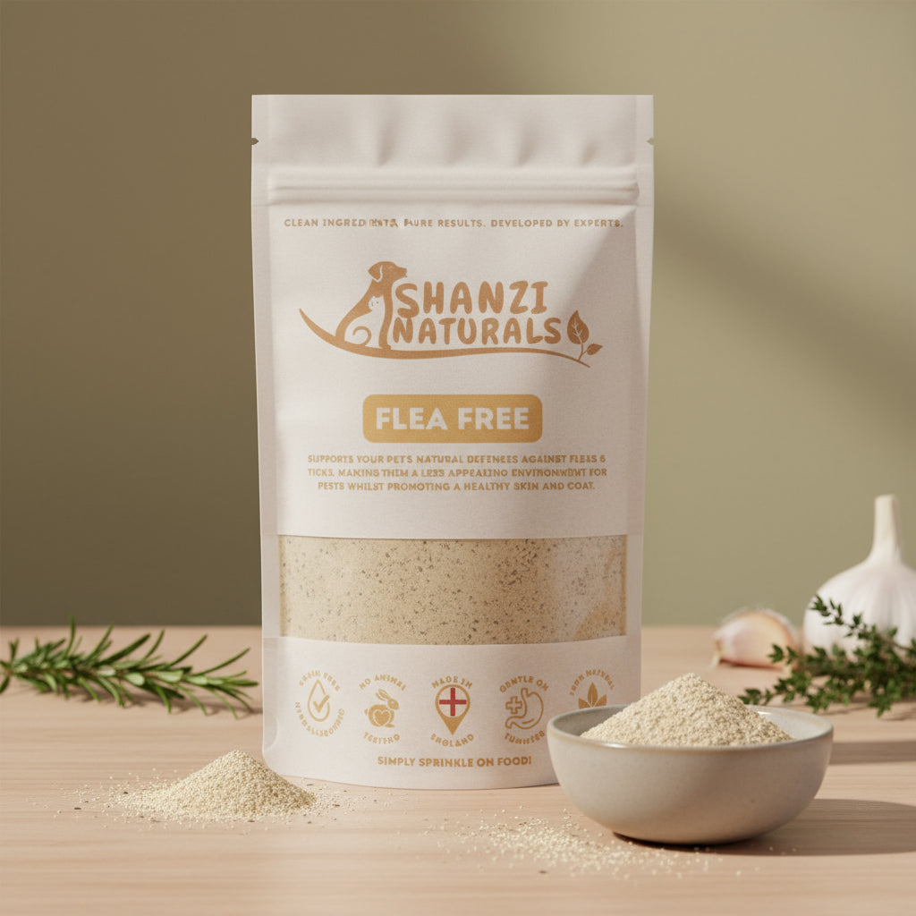 Shanzi Naturals flea-free product packaging on a wooden surface with a neutral background
