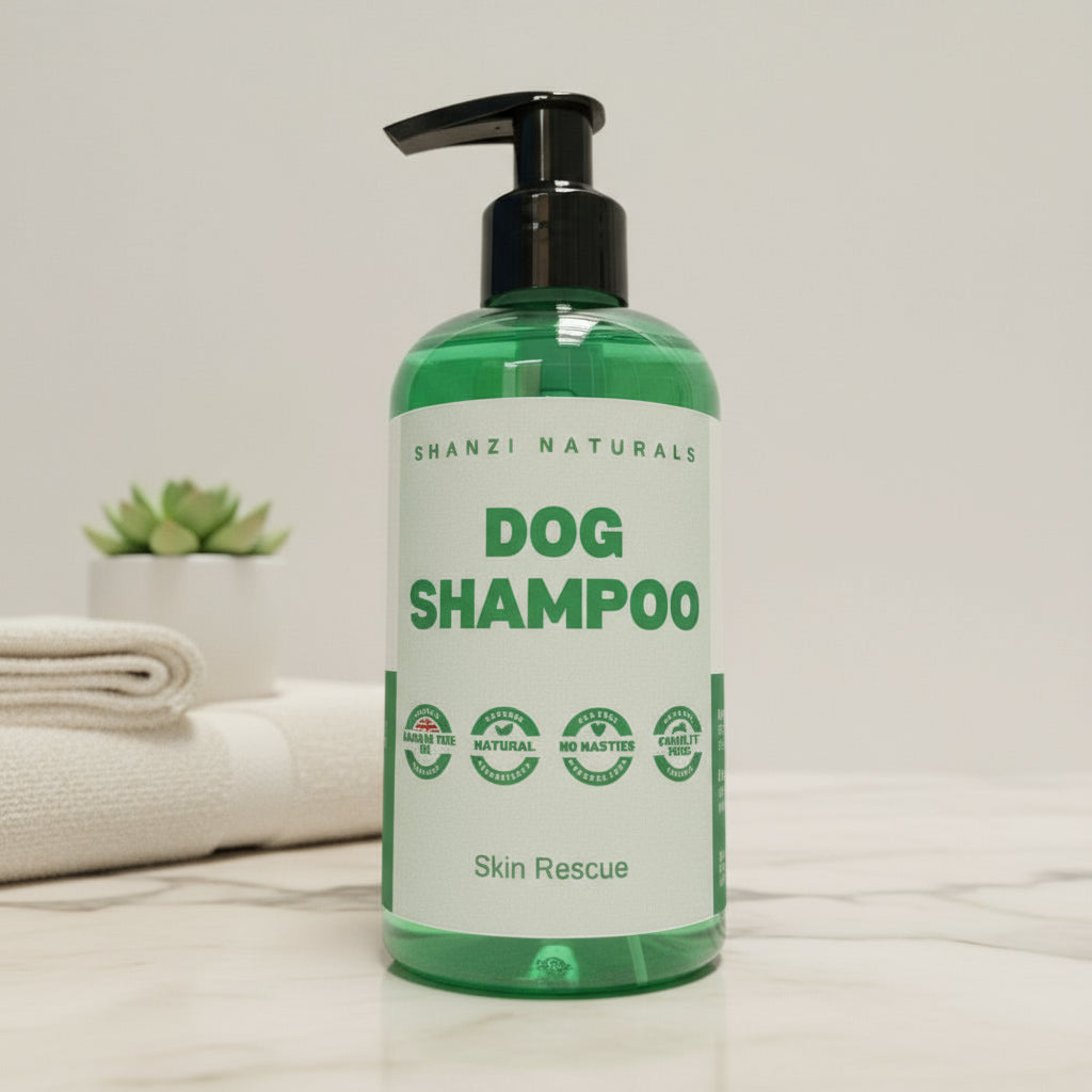 Shanzi Naturals dog shampoo bottle on a neutral background