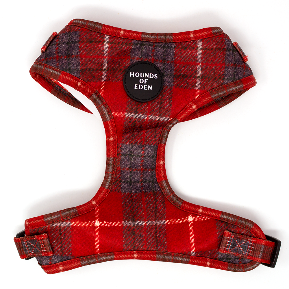 Red and gray plaid Sammi dog harness with Hounds of Eden logo