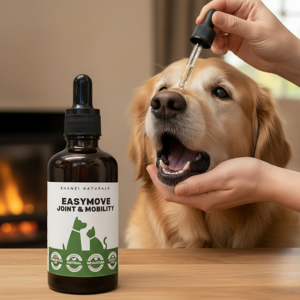 Dog receiving a dropper of 'Easymove Joint & Mobility' supplement with a bottle in the foreground.