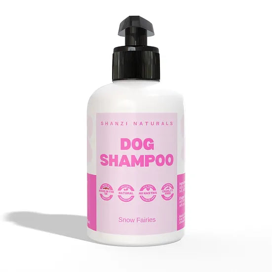 Shanzi Naturals dog shampoo bottle with pink label on a white background