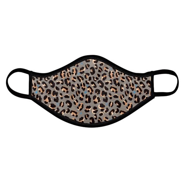 Gray leopard-print face mask with black ear loops, Steel Leopard style