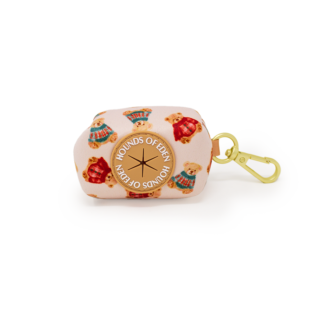 Small rectangular case with teddy bear design and gold clasp on a white background